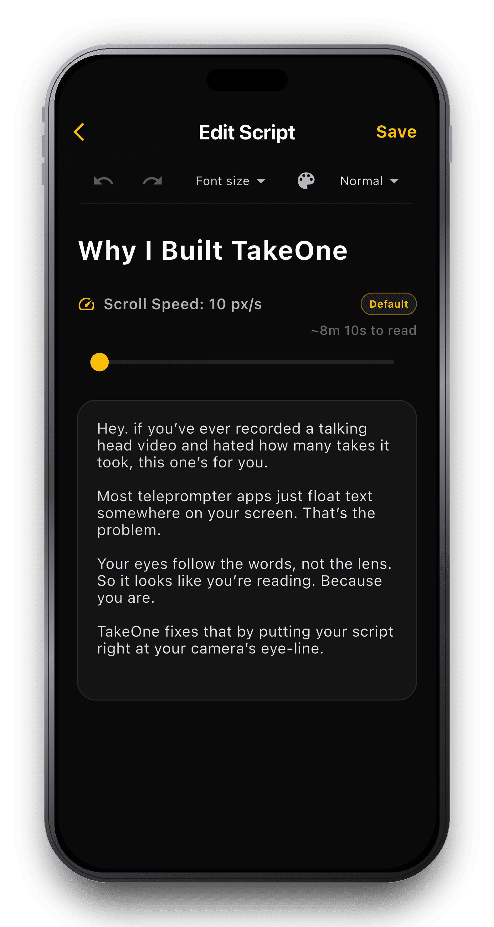 TakeOne script editor with rich-text formatting and reading-time estimate